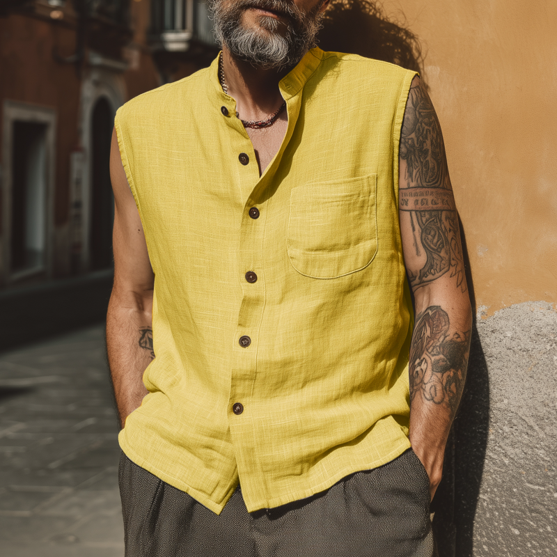 Men's Casual Breathable Linen Stand Collar Patch Pocket Loose Sleeveless Shirt DTT25070411