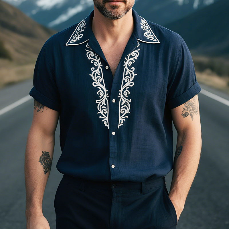 Men's Retro Casual Linen Palace Style Embroidered Lapel Short Sleeve Shirt DTT25071816