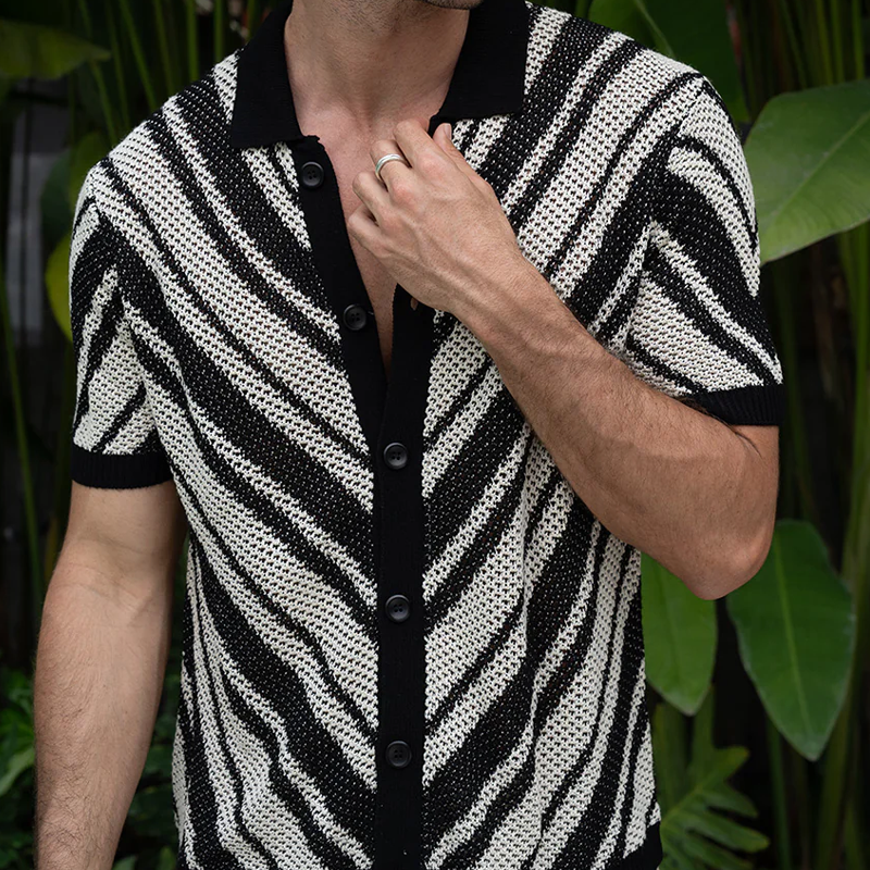 Men's Spring And Summer Fashion Retro Hollow Striped Knitted Short-sleeved Shirt DTT25070802