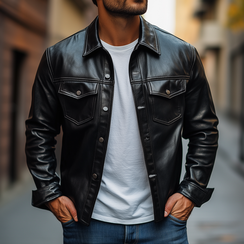 Men's Vintage Solid Color PU Lapel Flap Chest Pocket Loose Long Sleeve Shirt Jacket DTT25082208