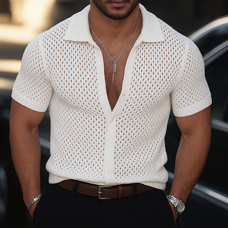 Men's Solid Hollow Knit Lapel Short Sleeve Shirt DTT25062407