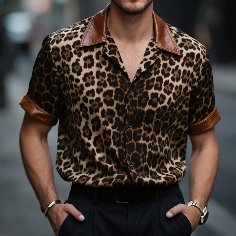 Men's Retro Casual Leopard Print Leather Lapel Short Sleeve Shirt DTT25071008