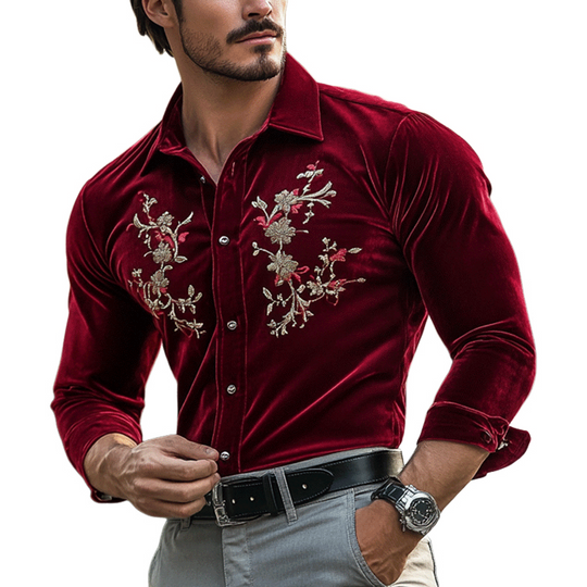 Men's Fashion Embroidery Lapel Long Sleeve Velvet Shirt 9899736498360