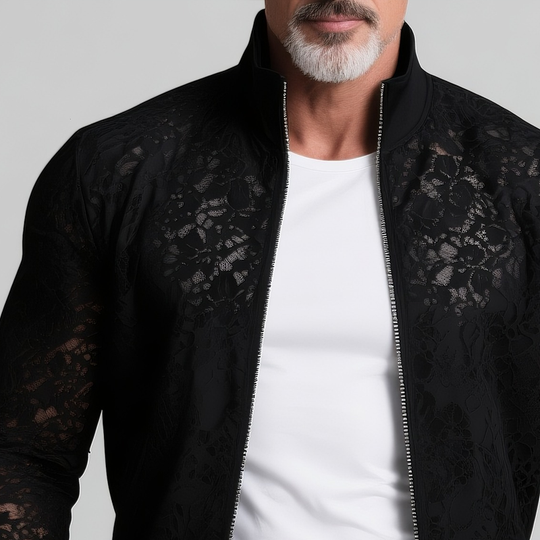 Men's Solid Lace Stand Collar Zipper Slim Jacket DTT25073120