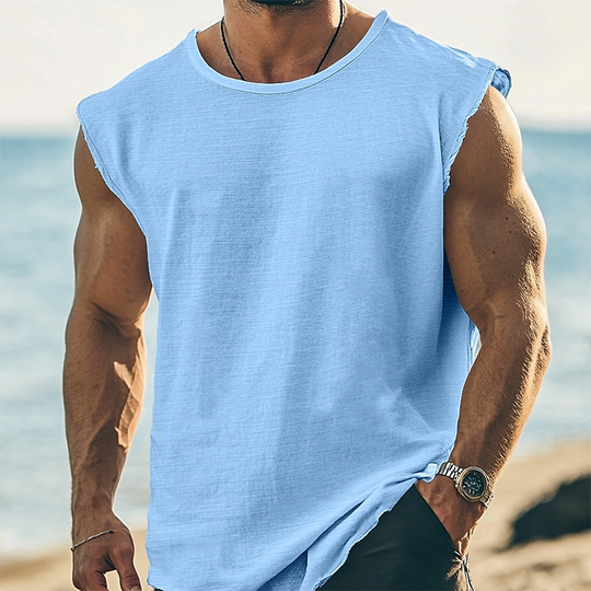 Men's Solid Color Round Neck Cotton Blend Sleeveless T-Shirt DTT25072509