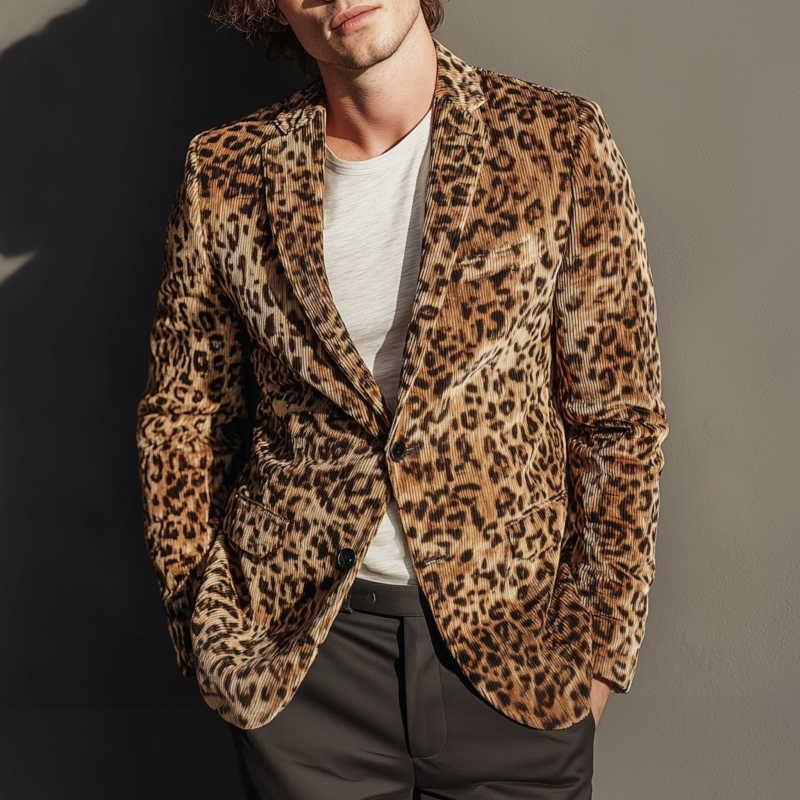 Men's Stylish Vintage Leopard Print Corduroy Notch Lapel Single-breasted Slim-fit Blazer DTT25081418