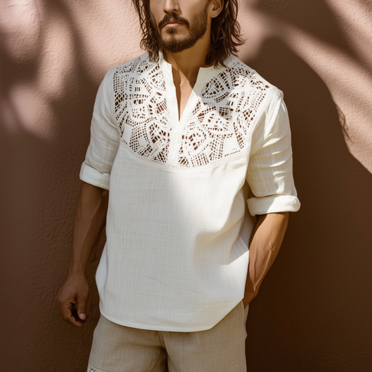 Men's Fashion Lace Patchwork Cotton Linen V-neck Hooded Loose Pullover Long Sleeve Shirt DTT25063006