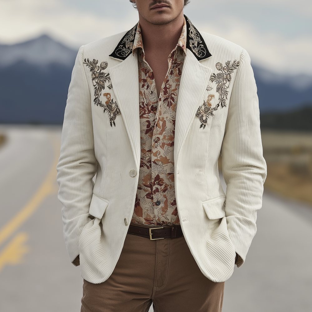 Men's Classic Casual Western Cowboy Style Corduroy Embroidered Single-breasted Blazer DTT25080417