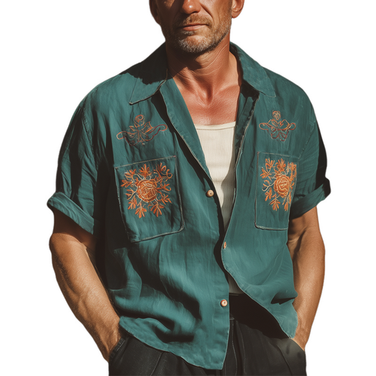 Men's Summer Retro Contrast Embroidery Short Sleeve Shirt DTT25061806