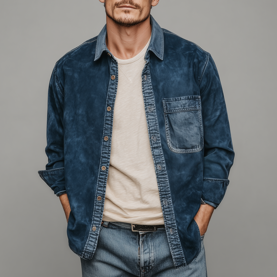 Men's Fashion Casual Thin Suede Splicing Denim Washed Long Sleeve Shirt DTT25072402
