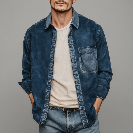 Men's Fashion Casual Thin Suede Splicing Denim Washed Long Sleeve Shirt DTT25072402