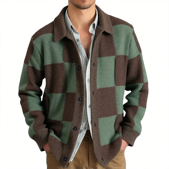 Men's Casual Contrast Checkerboard Lapel Single-breasted Loose Knit Cardigan DTT25080704
