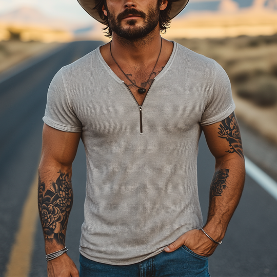 Men's Casual Classic American Western Tough Guy Style Knitted Waffle V-neck Zipper Slim Short-sleeved T-shirt DTT25053015