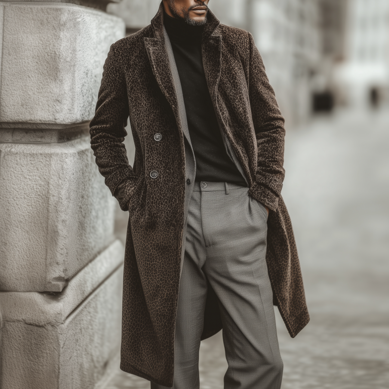 Men's Fashion Vintage Leopard Velvet Notch Lapel Double Breasted Slim Knee-Length Coat DTT25081501