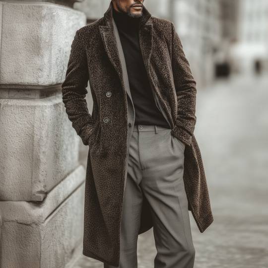Men's Fashion Vintage Leopard Velvet Notch Lapel Double Breasted Slim Knee-Length Coat DTT25081501
