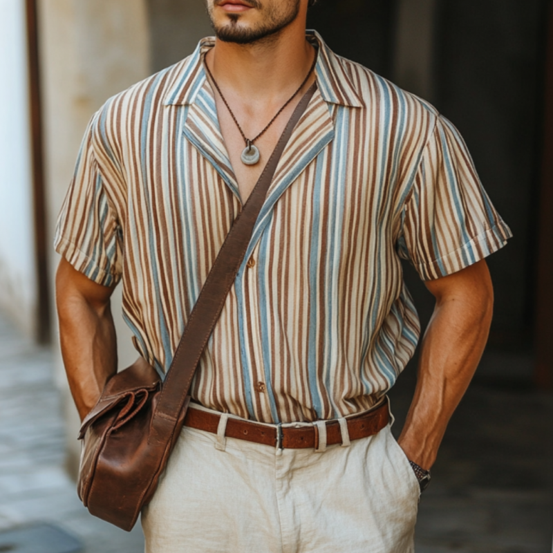 Men's Casual Colorful Striped Digital Print Cuban Collar Loose Short Sleeve Shirt DTT25060302