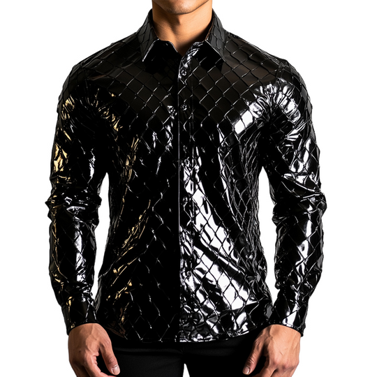 Men's Vintage Slim Fit Solid Plaid Long Sleeve Leather Shirt 9892392665272