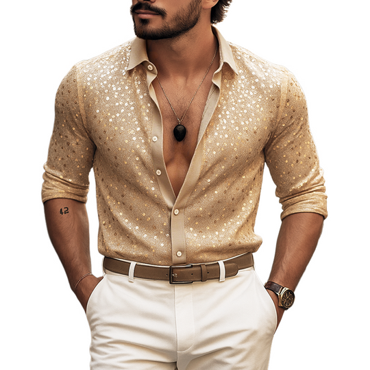 Men's Sequin Lapel Long Sleeve Shirt DTT25062410