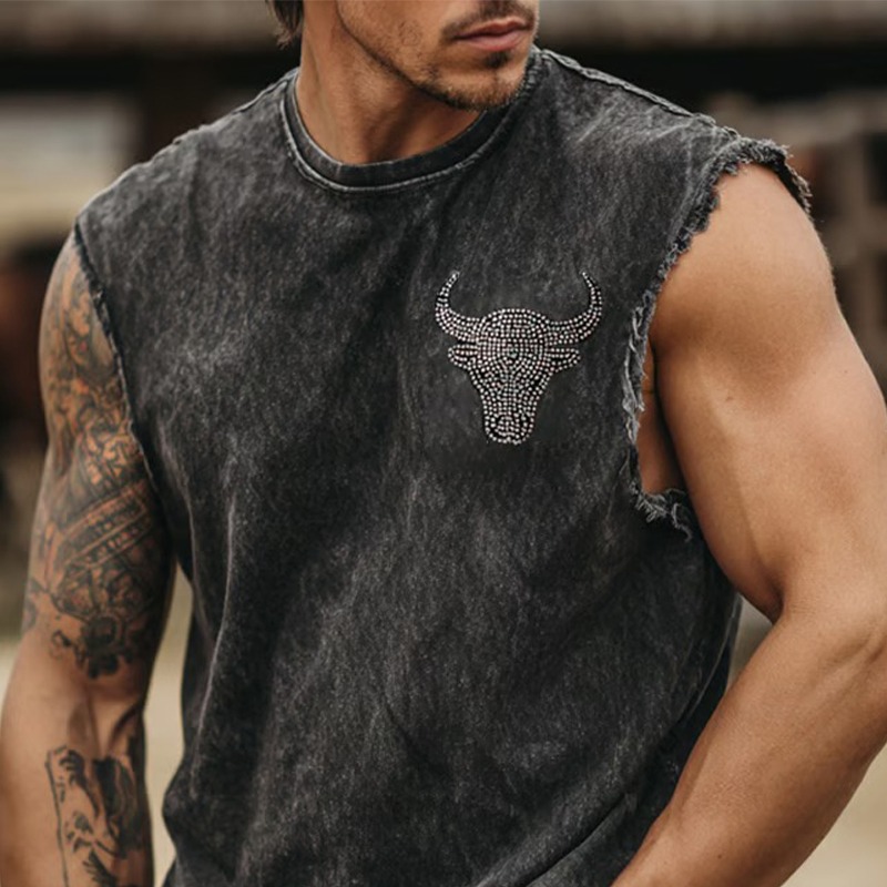 Men's Washed Round Neck Hot Stamped Sleeveless Denim Tank Tops DTT25062706