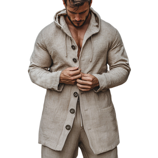 Men's Casual Cotton and Linen Button Hooded Coat 9905396154552