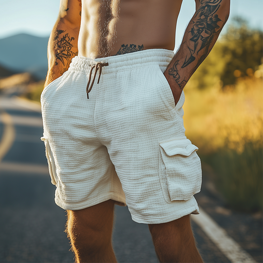 Men's Classic Casual Tough Style Waffle Elastic Waist Multi-pocket Cargo Shorts DTT25060317