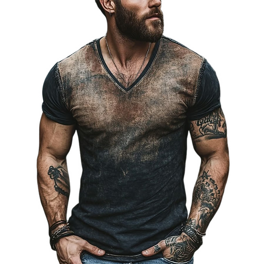 Men's Retro Gradient Print V-Neck Short Sleeve T-Shirt DTT25062508