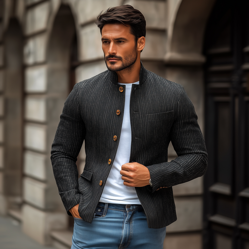 Men's Stylish Linen Striped Stand Collar Single Breasted Slim Short Blazer DTT25072303