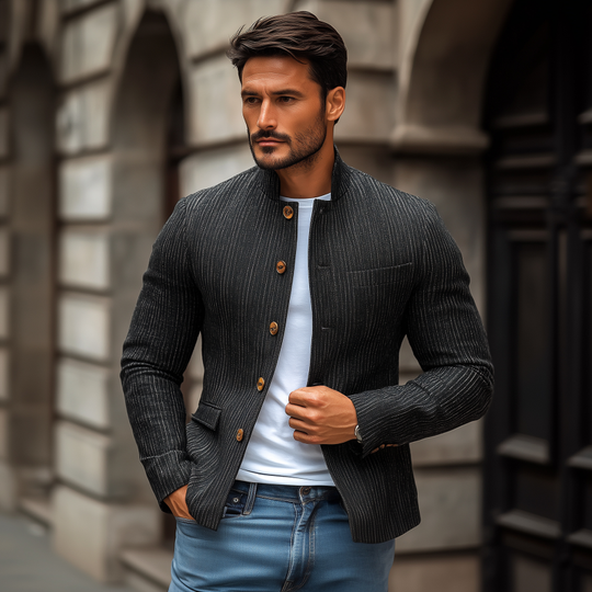 Men's Stylish Linen Striped Stand Collar Single Breasted Slim Short Blazer DTT25072303