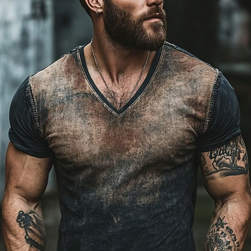 Men's Retro Gradient Print V-Neck Short Sleeve T-Shirt DTT25062508