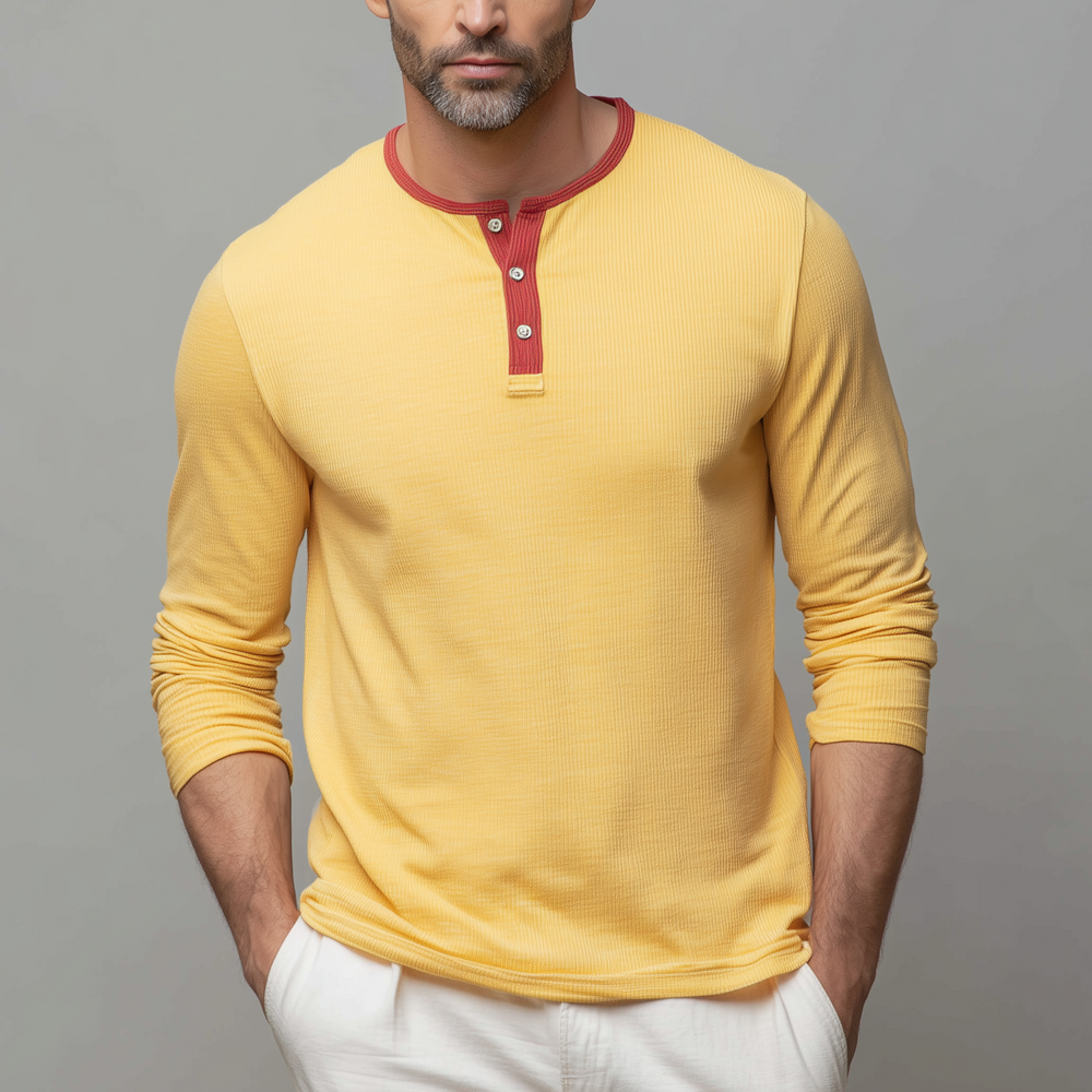 Men's Classic Casual Henley Collar Ribbed Slim Fit Long Sleeve T-Shirt DTT25080608