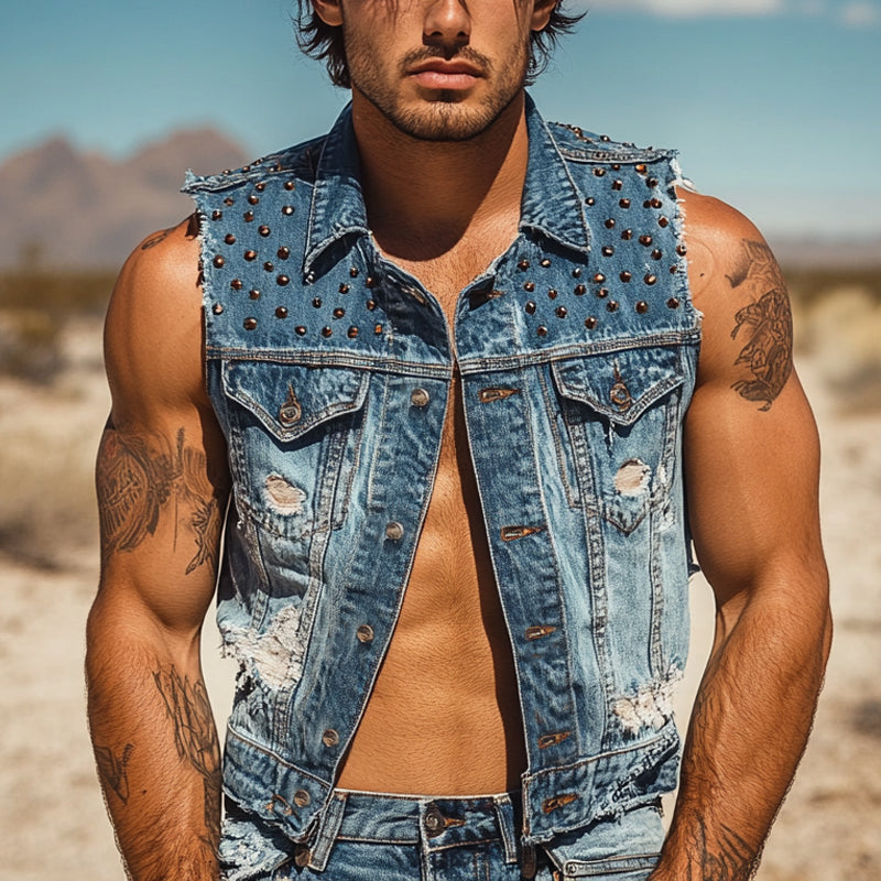 Men's Rivet Lapel Denim Single Breasted Vest DDT25052816