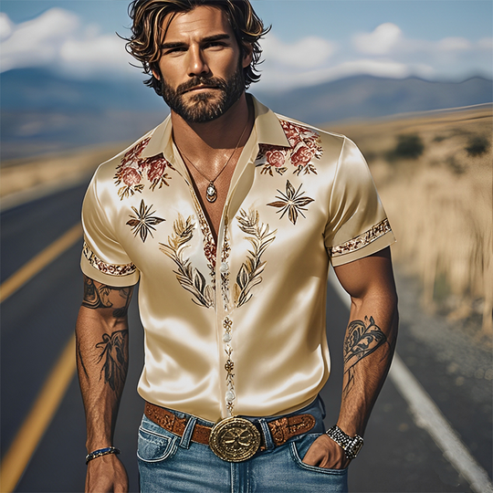 Men's Spring And Summer Fashion Casual Western Cowboy Style Satin Champagne Gold Print Short Sleeve Shirt DTT25060615