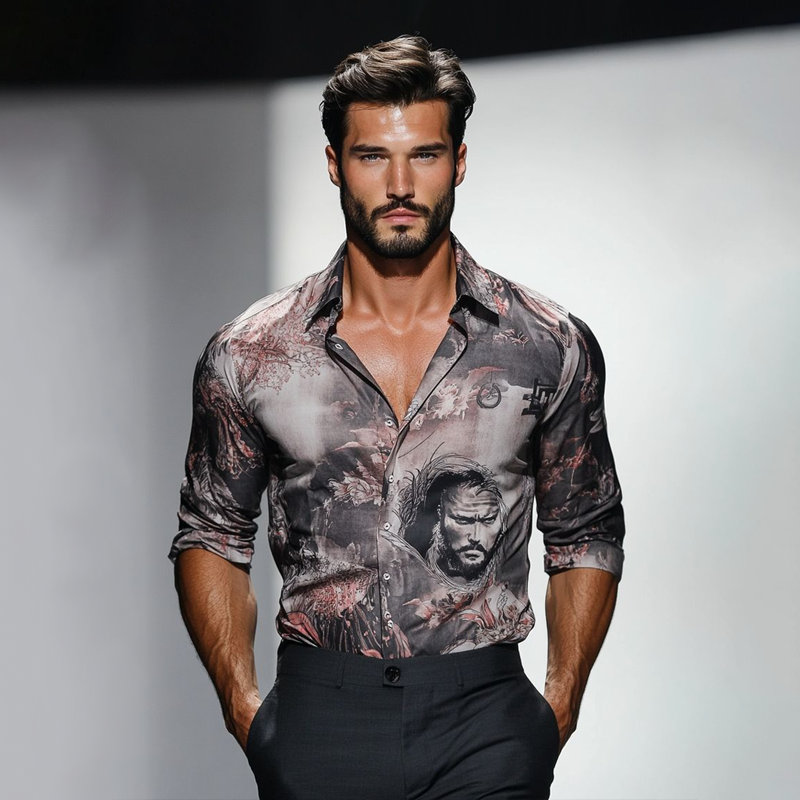 Men's Print Lapel Long Sleeve Shirt DTT25062022