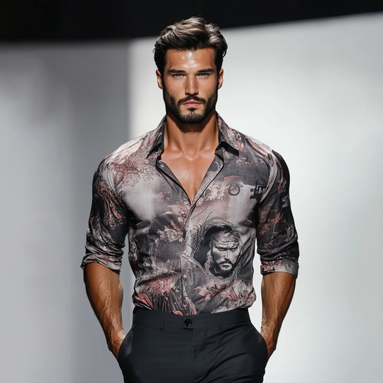 Men's Print Lapel Long Sleeve Shirt DTT25062022