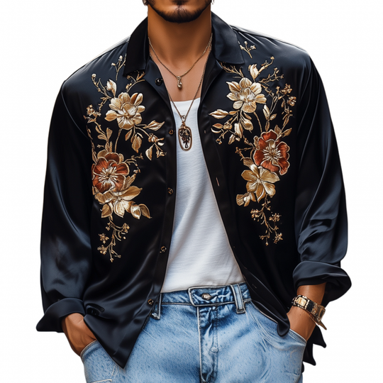 Men's Vintage Flower Embroidery Elegant Solid Satin Lapel Loose Long Sleeve Shirt DTT25072423