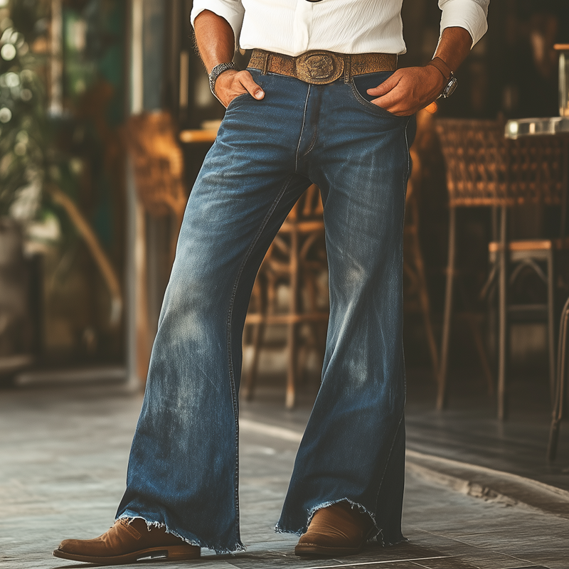 Men's Western Cowboy Style Vintage Wide-Leg Flared Jeans DTT25061606