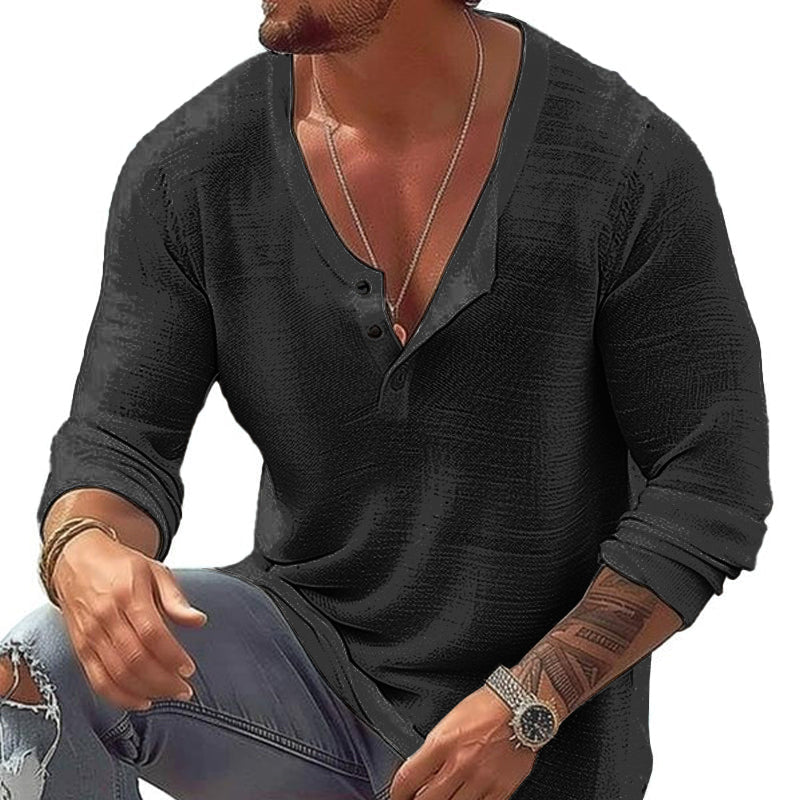 Men's Casual Cotton Linen U Neck Long-Sleeved T-Shirt 9261117407416