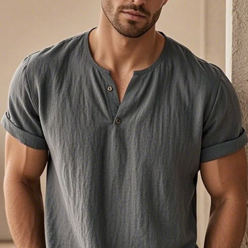 Men's Solid Henley Collar Short Sleeve T-shirt DTT25061304