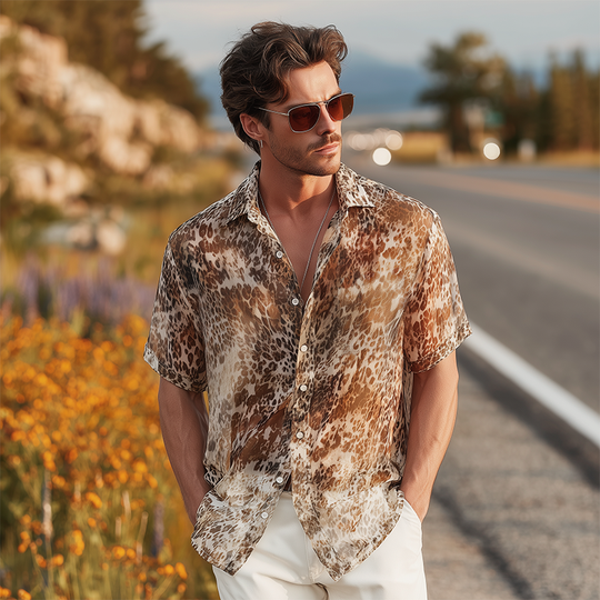 Men's Summer Fashion Casual Chiffon Slightly Transparent Sexy Leopard Print Short-sleeved Shirt DTT25070904
