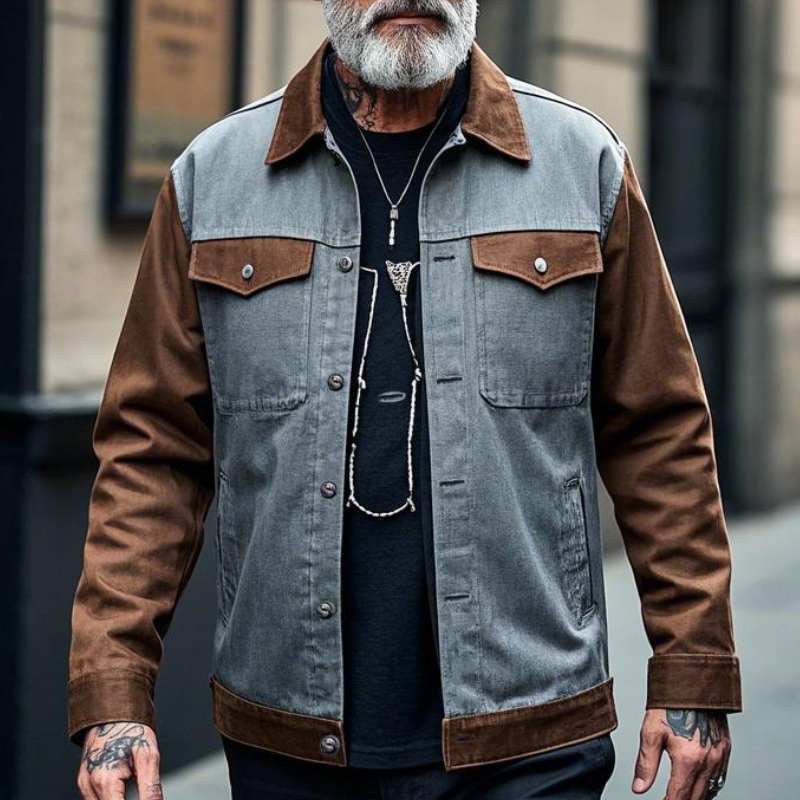 Men's Retro Casual Lapel Patchwork Denim Jacket 9903259386040