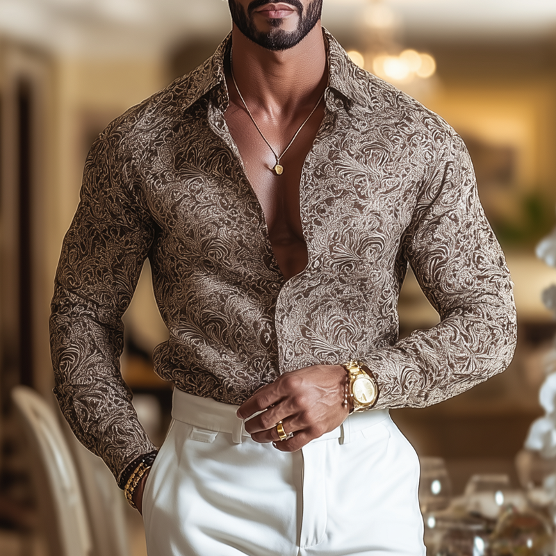 Men's Vintage Print Lapel Long Sleeve Shirt DTT25081402
