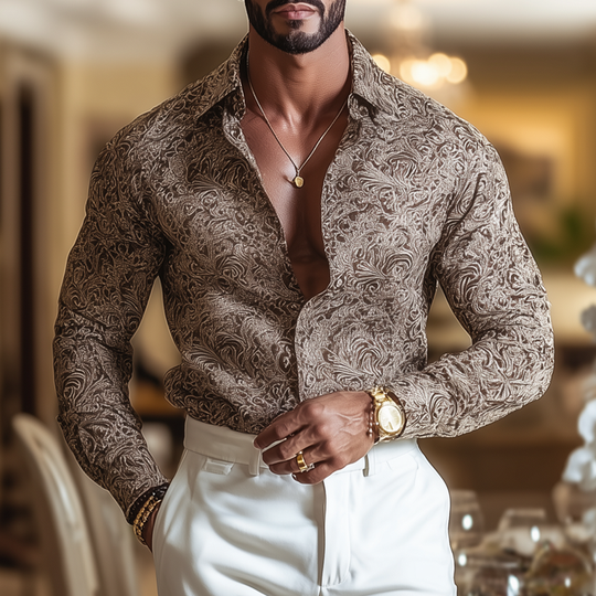 Men's Vintage Print Lapel Long Sleeve Shirt DTT25081402