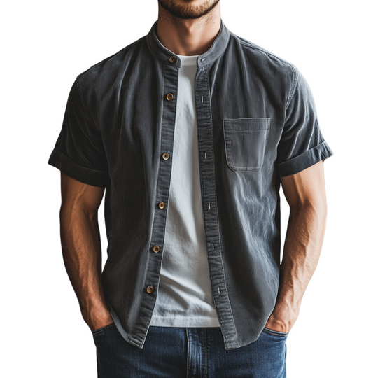Men's Classic Casual Thin Corduroy Cuffs Roll-up Collar Short-sleeved Shirt DTT25072404