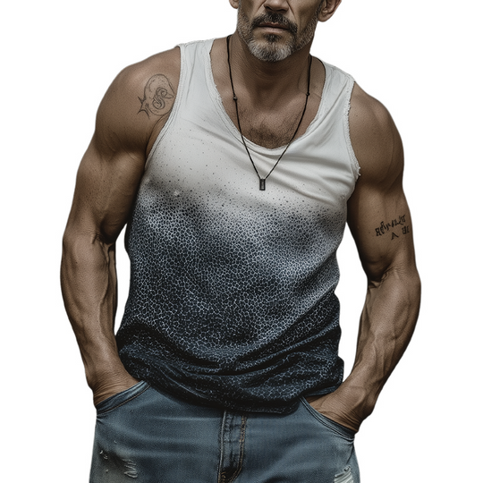 Men's Spring And Summer Fashion Casual Art Print U-neck Cuffs Raw Edge Cotton Blended Tank Top DTT25071618