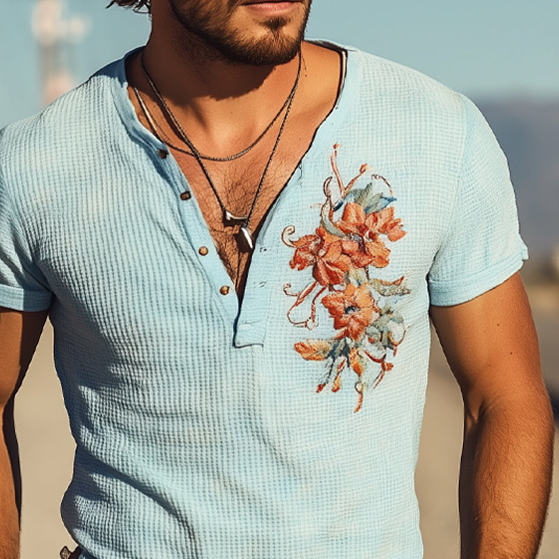 Men's Waffle Henley Neck Embroidered Short Sleeve T-Shirt DTT25053001