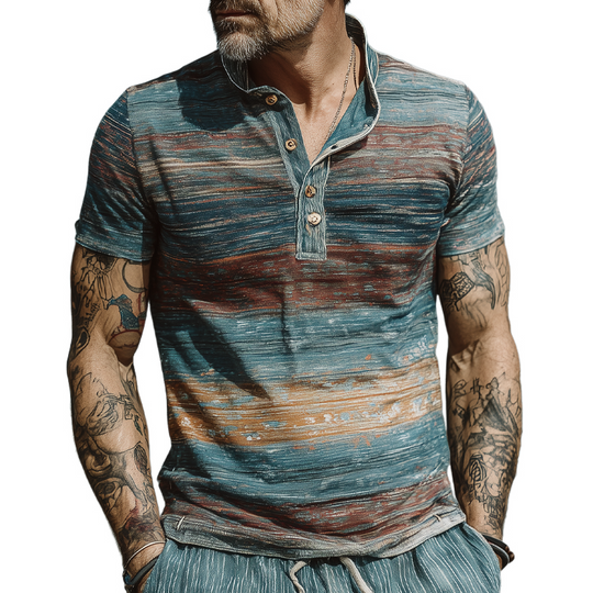 Men's Stripe Print Lapel Short Sleeve T-Shirt DTT25063010