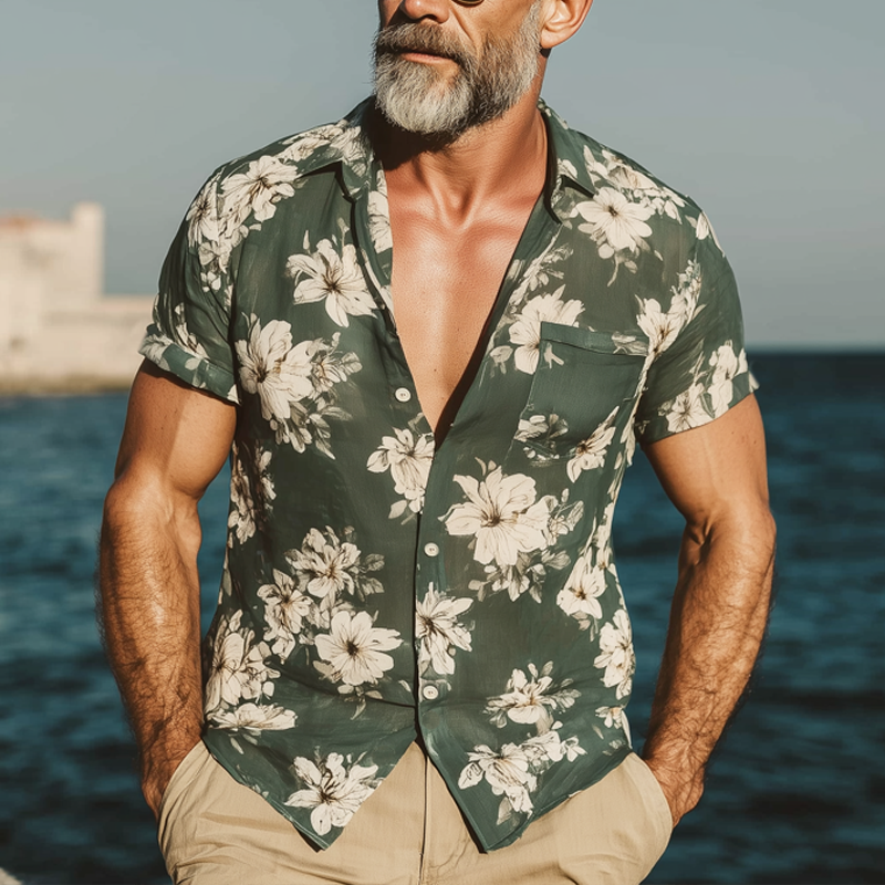 Men's Summer Light Chiffon Floral Print Short Sleeve Shirt DTT25071006