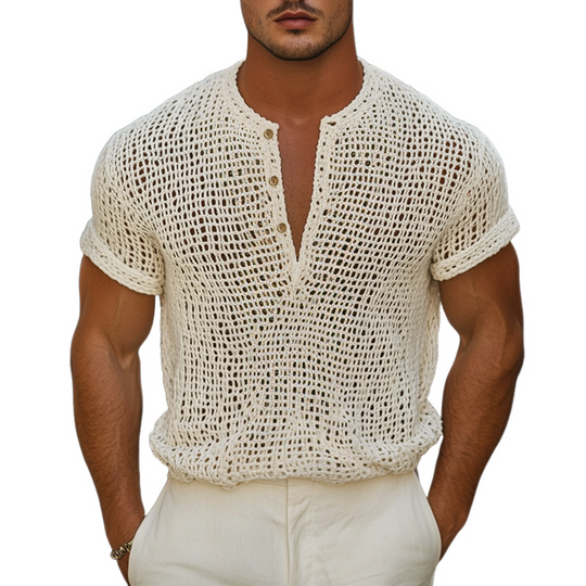 Men's Solid Knit Hollow Henley Collar Short Sleeve T-shirt DTT25061811