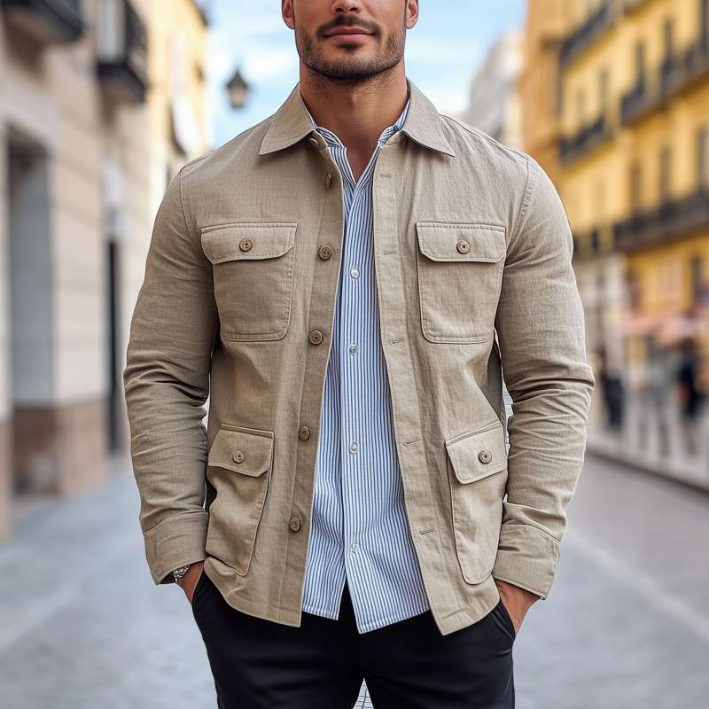 Men's Casual Solid Color Breathable Cotton Linen Blend Lapel Single-breasted Multi-pocket Slim-fit Jacket DTT25081311