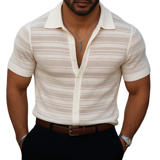 Men's Striped Lapel Short Sleeve Knit Shirt DTT25071609